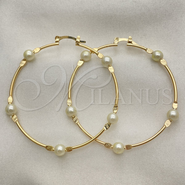 Gold Filled Hoop Earrings — Medium Hoop Ball Design with Ivory Pearl Polished — main product view — SKU 152613 | Oro Laminado aretes de aro — Medium Hoop Ball diseño with Ivory Pearl pulido — SKU 152613