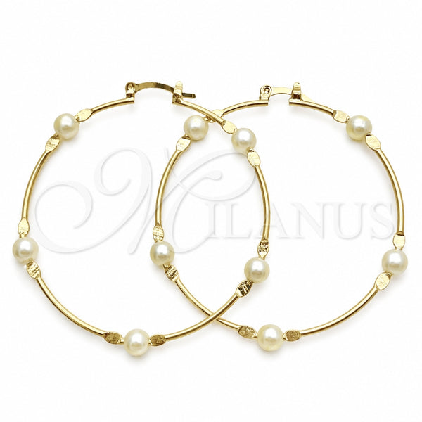 Oro Laminado Medium Hoop, Gold Filled Style Ball Design, with Ivory Pearl, Polished, Golden Finish, 02.02.0527.50