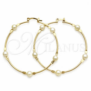 Oro Laminado Medium Hoop, Gold Filled Style Ball Design, with Ivory Pearl, Polished, Golden Finish, 02.02.0527.50