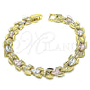 Oro Laminado Solid Bracelet, Gold Filled Style Diamond Cutting Finish, Tricolor, 03.102.0076.08 (Thickness, 8 Inches Length)
