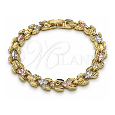 Oro Laminado Solid Bracelet, Gold Filled Style Diamond Cutting Finish, Tricolor, 03.102.0076.08 (Thickness, 8 Inches Length)