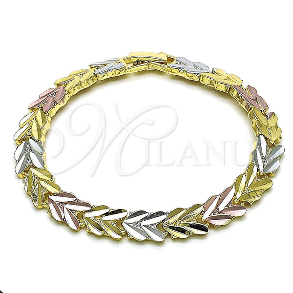 Oro Laminado Solid Bracelet, Gold Filled Style Heart Design, Polished, Tricolor, 03.102.0078.07