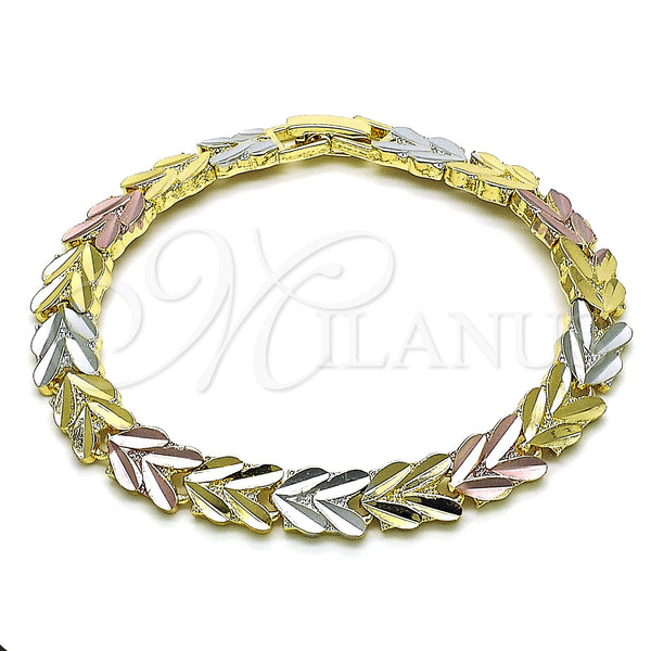 Oro Laminado Solid Bracelet, Gold Filled Style Heart Design, Polished, Tricolor, 03.102.0078.07 (08 MM Thickness, 7 Inches Length)