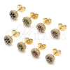 Oro Laminado Stud Earring, Gold Filled Style Flower Design, with Garnet and White Cubic Zirconia, Polished, Golden Finish, 02.344.0159.1