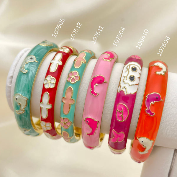 Gold Filled Jewelry — 15 Assorted Cute Enamel Hinge Bangles in $6.67 — main product view — SKU 152647 | Oro Laminado joyería — 15 Assorted Cute Enamel Hinge Bangles in $6.67 — SKU 152647