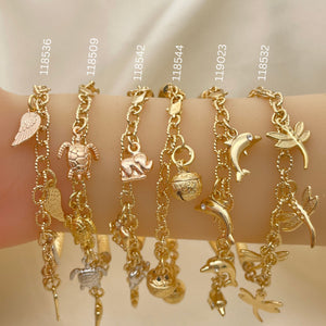 Gold Filled Bracelet — 15 Assorted Half Bangle Half Charm Bracelet in — main product view — SKU 152651 | Oro Laminado brazalete — 15 Assorted Half Bangle Half Charm Bracelet in — SKU 152651