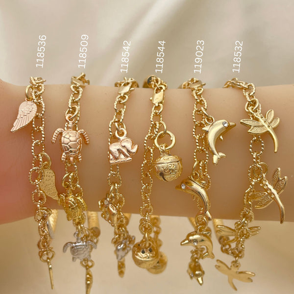 Gold Filled Bracelet — 15 Assorted Half Bangle Half Charm Bracelet in — main product view — SKU 152651 | Oro Laminado brazalete — 15 Assorted Half Bangle Half Charm Bracelet in — SKU 152651