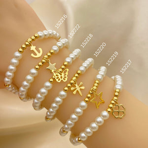 Gold Filled Bracelet — 15 Assorted Pearl Bead Charm Bracelets in $6.67 — main product view — SKU 152666 | Oro Laminado brazalete — 15 Assorted Pearl Bead Charm Bracelets in $6.67 — SKU 152666