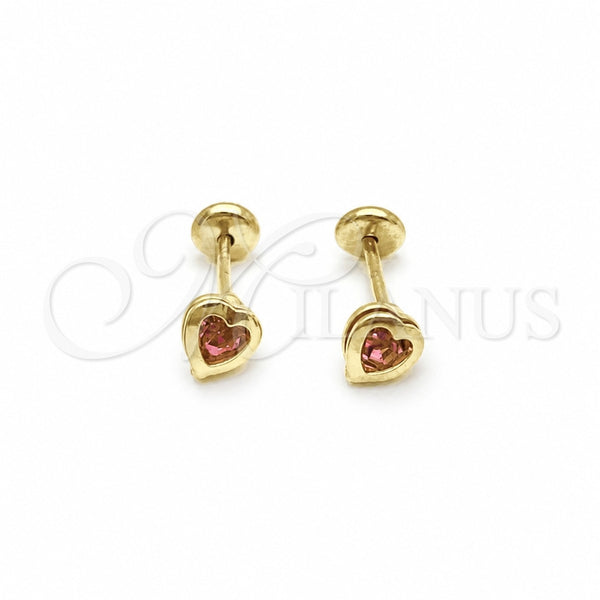 Oro Laminado Stud Earring, Gold Filled Style Heart Design, with Pink Cubic Zirconia, Polished, Golden Finish, 02.02.0528