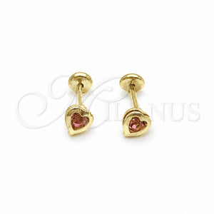 Oro Laminado Stud Earring, Gold Filled Style Heart Design, with Pink Cubic Zirconia, Polished, Golden Finish, 02.02.0528