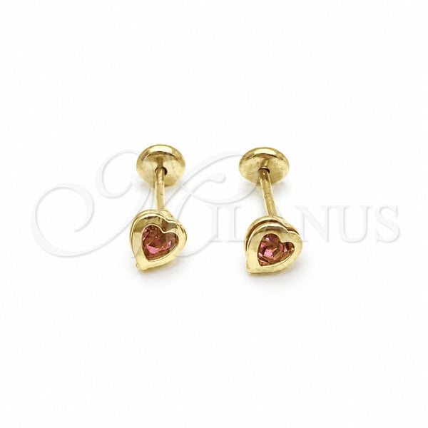 Oro Laminado Stud Earring, Gold Filled Style Heart Design, with Pink Cubic Zirconia, Polished, Golden Finish, 02.02.0528