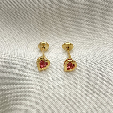 Oro Laminado Stud Earring, Gold Filled Style Heart Design, with Pink Cubic Zirconia, Polished, Golden Finish, 02.02.0528