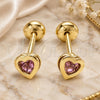Oro Laminado Stud Earring, Gold Filled Style Heart Design, with Violet Cubic Zirconia, Polished, Golden Finish, 02.02.0528.1