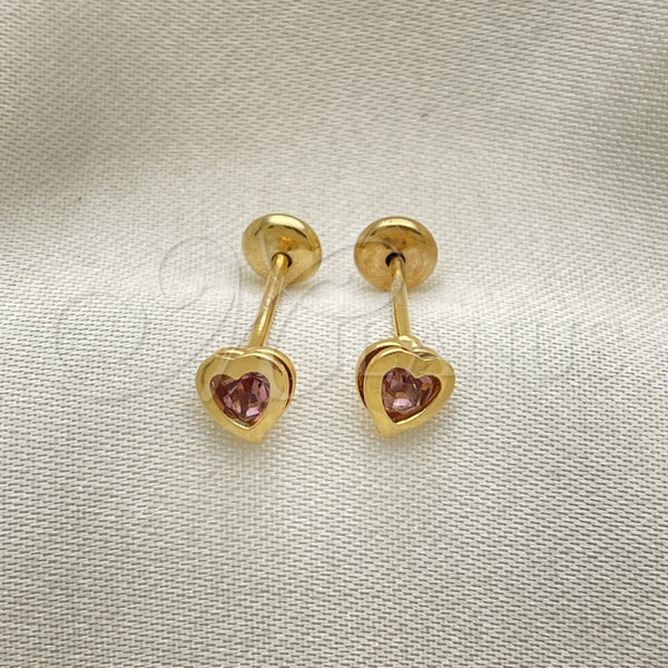 Oro Laminado Stud Earring, Gold Filled Style Heart Design, with Violet Cubic Zirconia, Polished, Golden Finish, 02.02.0528.1
