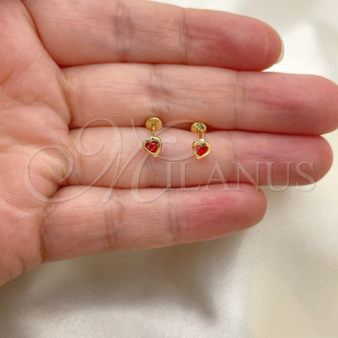 Oro Laminado Stud Earring, Gold Filled Style Heart Design, with Garnet Cubic Zirconia, Polished, Golden Finish, 02.02.0528.2