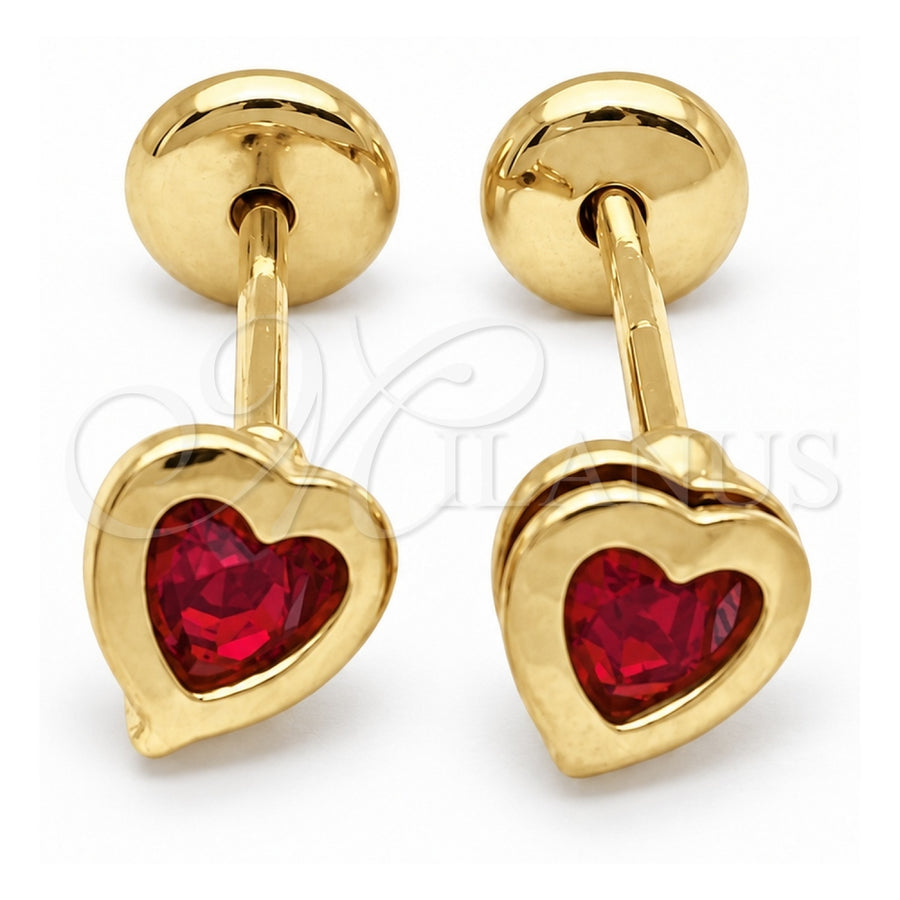 Oro Laminado Stud Earring, Gold Filled Style Heart Design, with Garnet Cubic Zirconia, Polished, Golden Finish, 02.02.0528.2