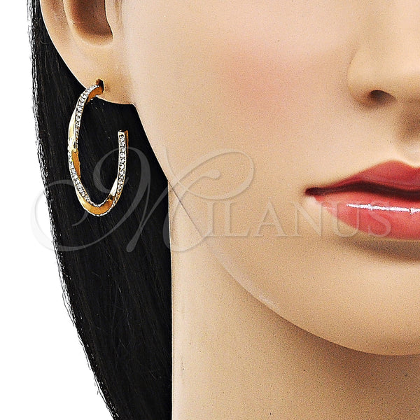 Gold Filled Hoop Earrings — Medium Hoop Twist Design with White Crystal Polished — alternate product view — SKU 152678 | Oro Laminado aretes de aro — Medium Hoop Twist diseño with cristal blanco pulido — SKU 152678
