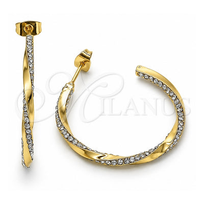 Oro Laminado Medium Hoop, Gold Filled Style Twist Design, with White Crystal, Polished, Golden Finish, 02.379.0053.1.30