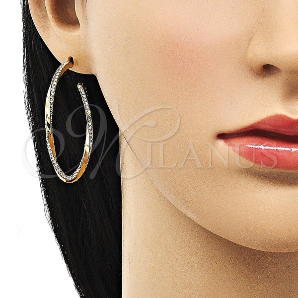 Gold Filled Hoop Earrings — Medium Hoop Twist Design with White Crystal Polished — alternate product view — SKU 152679 | Oro Laminado aretes de aro — Medium Hoop Twist diseño with cristal blanco pulido — SKU 152679