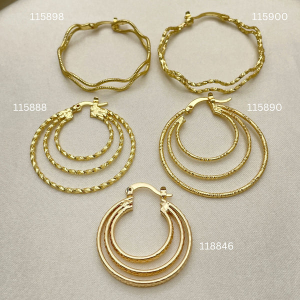 Gold Filled Hoop Earrings — 25 Assorted Triple Hoops In $4.00 each for — main product view — SKU 152688 | Oro Laminado aretes de aro — 25 Assorted Triple Hoops In $4.00 each for — SKU 152688