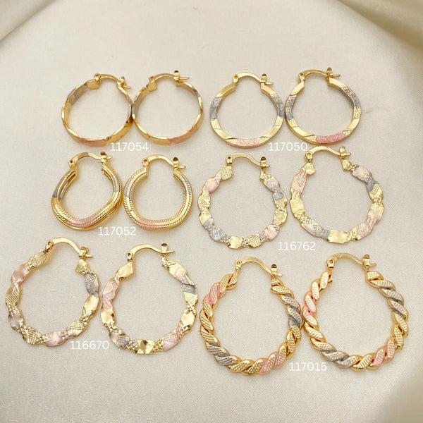 Gold Filled Hoop Earrings — 30 Assorted Tricolor Hoops 30mm in $3.33 each — main product view — SKU 152689 | Oro Laminado aretes de aro — 30 Assorted Tricolor Hoops 30mm in $3.33 each — SKU 152689