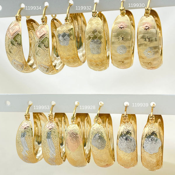 Gold Filled Hoop Earrings — 30 Assorted Dome Shape Diamond Cut Tricolor Hoops — main product view — SKU 152691 | Oro Laminado aretes de aro — 30 Assorted Dome Shape Diamond Cut Tricolor Hoops — SKU 152691