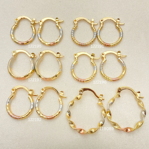 Gold Filled Hoop Earrings — 40 Assorted Kids Tricolor Hoops in 15 to — main product view — SKU 152694 | Oro Laminado aretes de aro — 40 Assorted Kids Tricolor Hoops in 15 to — SKU 152694