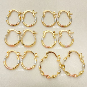 Gold Filled Hoop Earrings — 40 Assorted Kids Tricolor Hoops in 15 to — main product view — SKU 152694 | Oro Laminado aretes de aro — 40 Assorted Kids Tricolor Hoops in 15 to — SKU 152694