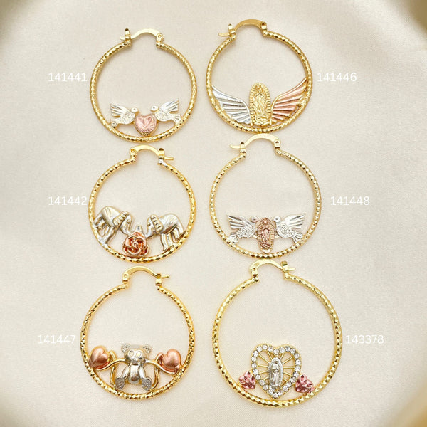 Gold Filled Hoop Earrings — 25 Assorted Design Tricolor Hoops In $4.00 each — main product view — SKU 152696 | Oro Laminado aretes de aro — 25 Assorted diseño Tricolor Hoops In $4.00 each — SKU 152696