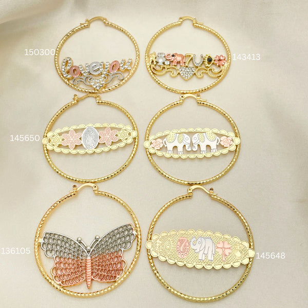 Gold Filled Hoop Earrings — 25 Assorted Design Tricolor Hoops In $4.00 each — main product view — SKU 152697 | Oro Laminado aretes de aro — 25 Assorted diseño Tricolor Hoops In $4.00 each — SKU 152697