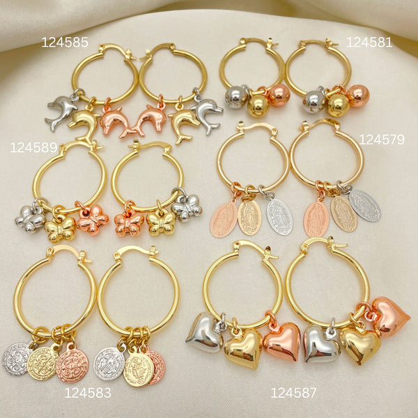 Gold Filled Hoop Earrings — 30 Assorted Tricolor Charm Hoops in $3.33 each — main product view — SKU 152700 | Oro Laminado aretes de aro — 30 Assorted Tricolor Charm Hoops in $3.33 each — SKU 152700