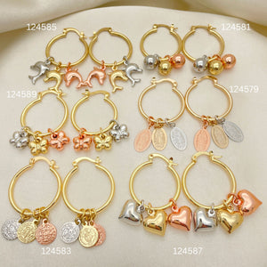 Gold Filled Hoop Earrings — 30 Assorted Tricolor Charm Hoops in $3.33 each — main product view — SKU 152700 | Oro Laminado aretes de aro — 30 Assorted Tricolor Charm Hoops in $3.33 each — SKU 152700