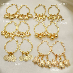 Gold Filled Hoop Earrings — 30 Assorted Charm Hoops in $3.33 each for — main product view — SKU 152702 | Oro Laminado aretes de aro — 30 Assorted Charm Hoops in $3.33 each for — SKU 152702