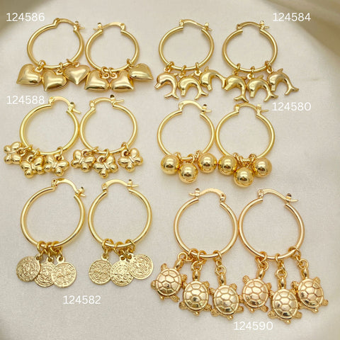 30 Charm Hoops surtidos en Oro Laminado Gold Filled ($3.33 cada uno) por $100 Gold Layered