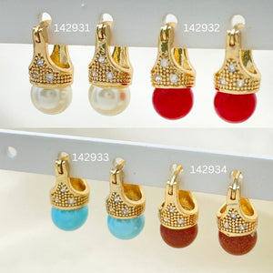 Gold Filled Hoop Earrings — 30 Assorted Designed Pearl Venturina Turquoise Coral Hoops — main product view — SKU 152709 | Oro Laminado aretes de aro — 30 Assorted Designed Pearl Venturina Turquoise Coral Hoops — SKU 152709