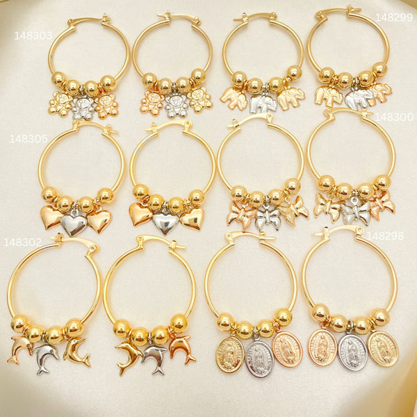 Gold Filled Hoop Earrings — 25 Assorted Design Triple Charm Tricolor Hoops In — main product view — SKU 152715 | Oro Laminado aretes de aro — 25 Assorted diseño Triple Charm Tricolor Hoops In — SKU 152715