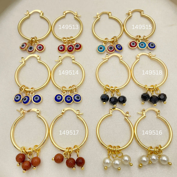 Gold Filled Hoop Earrings — 30 Assorted Charm Hoops in $3.33 each for — main product view — SKU 152718 | Oro Laminado aretes de aro — 30 Assorted Charm Hoops in $3.33 each for — SKU 152718