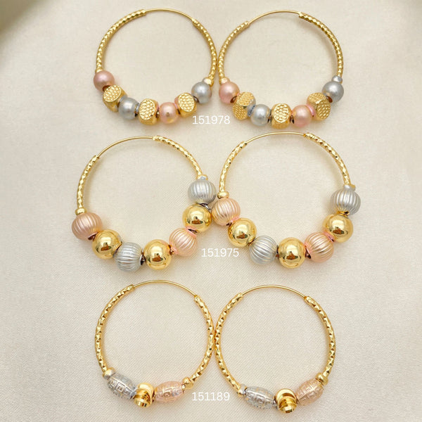 Gold Filled Hoop Earrings — 25 Assorted Design Triple Charm Tricolor Hoops In — main product view — SKU 152720 | Oro Laminado aretes de aro — 25 Assorted diseño Triple Charm Tricolor Hoops In — SKU 152720