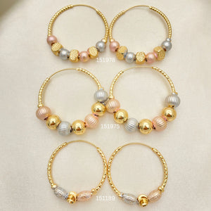 Gold Filled Hoop Earrings — 25 Assorted Design Triple Charm Tricolor Hoops In — main product view — SKU 152720 | Oro Laminado aretes de aro — 25 Assorted diseño Triple Charm Tricolor Hoops In — SKU 152720