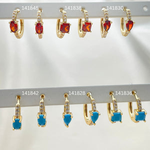 Gold Filled Hoop Earrings — 30 Assorted Red And Turquoise ZIrconia Huggie Hoops — main product view — SKU 152721 | Oro Laminado aretes de aro — 30 Assorted Red And Turquoise ZIrconia Huggie Hoops — SKU 152721