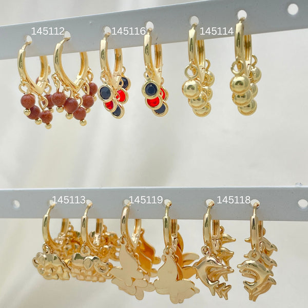 Gold Filled Hoop Earrings — 30 Assorted Charm Huggie Hoops in $3.33 each — main product view — SKU 152731 | Oro Laminado aretes de aro — 30 Assorted Charm Huggie Hoops in $3.33 each — SKU 152731