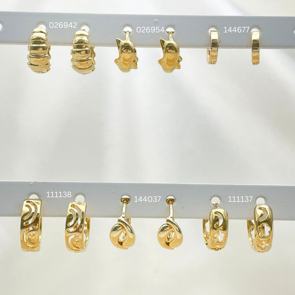 Gold Filled Hoop Earrings — 50 Assorted Huggie Hoops in $2.00 each for — main product view — SKU 152740 | Oro Laminado aretes de aro — 50 Assorted Huggie Hoops in $2.00 each for — SKU 152740