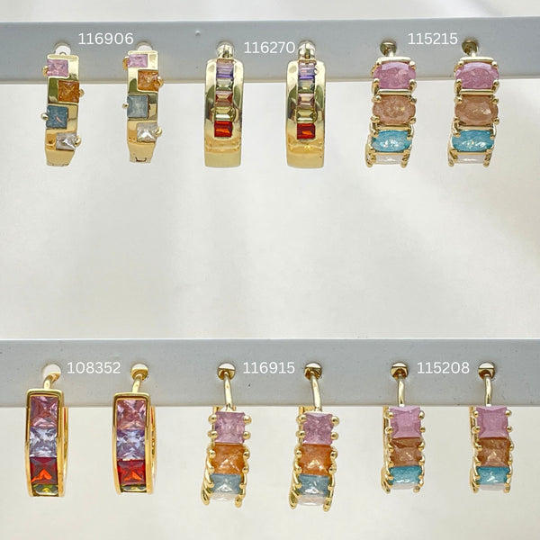 Gold Filled Hoop Earrings — 28 Assorted Colorful Huggie Hoops in $3.57 each — main product view — SKU 152741 | Oro Laminado aretes de aro — 28 Assorted Colorful Huggie Hoops in $3.57 each — SKU 152741