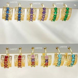 Gold Filled Hoop Earrings — 30 Assorted Greek Key Huggie Hoops in $3.33 — main product view — SKU 152744 | Oro Laminado aretes de aro — 30 Assorted Greek Key Huggie Hoops in $3.33 — SKU 152744