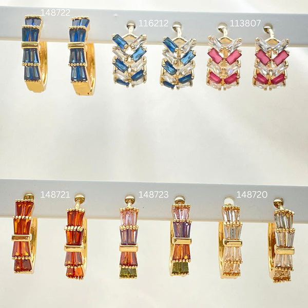Gold Filled Hoop Earrings — 28 Assorted Colorful Baguette Huggie Hoops in $3.57 — main product view — SKU 152745 | Oro Laminado aretes de aro — 28 Assorted Colorful Baguette Huggie Hoops in $3.57 — SKU 152745