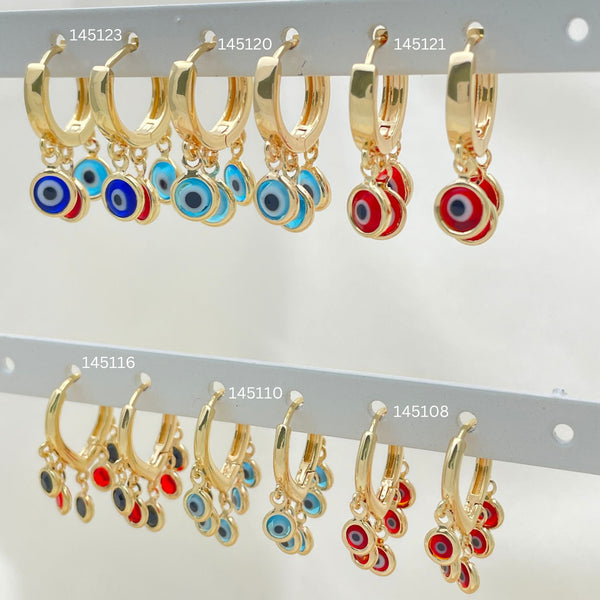 Gold Filled Hoop Earrings — 30 Assorted Evil Eye Huggie Hoops in $3.33 — main product view — SKU 152750 | Oro Laminado aretes de aro — 30 Assorted Evil Eye Huggie Hoops in $3.33 — SKU 152750