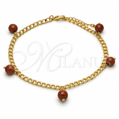 Oro Laminado Charm Anklet , Gold Filled Style Curb Design, with Brown Goldstone Venturina, Polished, Golden Finish, 03.63.2073.10 (04 MM Thickness, 10 Inches Length)