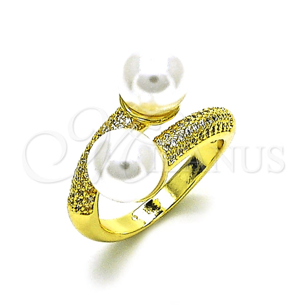 Oro Laminado Multi Stone Ring, Gold Filled Style with White Micro Pave and Ivory Pearl, Polished, Golden Finish, 01.341.0097