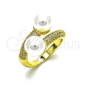 Oro Laminado Multi Stone Ring, Gold Filled Style with White Micro Pave and Ivory Pearl, Polished, Golden Finish, 01.341.0097 (One size fits all)