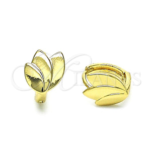Gold Filled Hoop Earrings — Huggie Hoop Leaf Design Polished 02. — main product view — SKU 152787 | Oro Laminado aretes de aro — Huggie Hoop Leaf diseño pulido 02. — SKU 152787